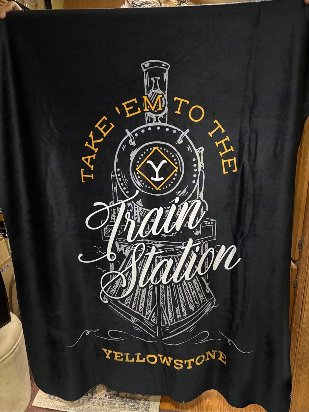 Yellowstone 'Train Station' Black Plush Throw Blanket
